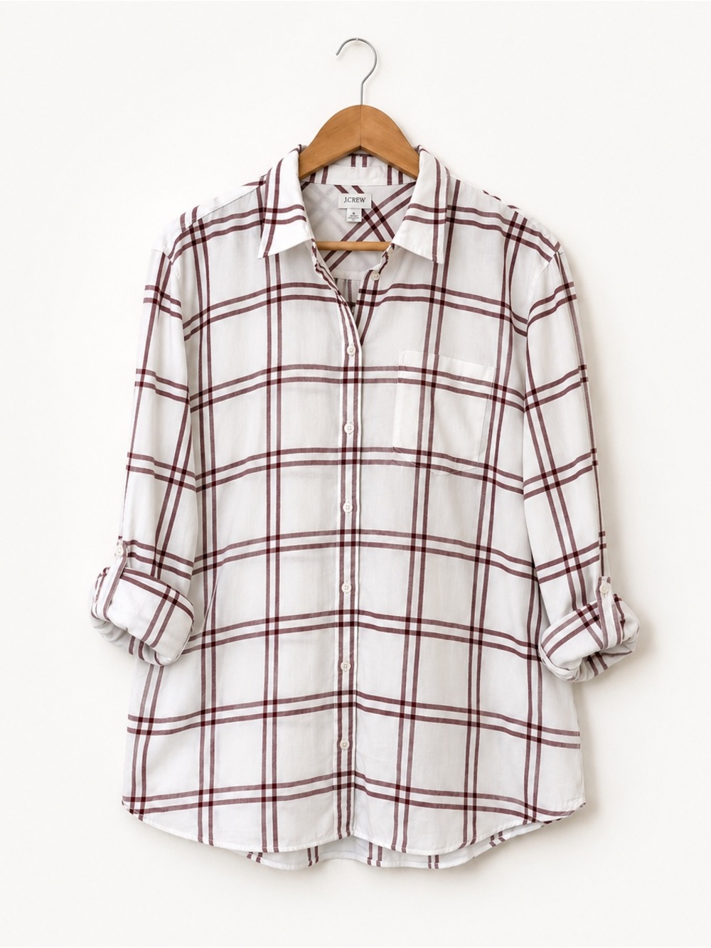 J. Crew White Shirt with Burgundy Windowpane Plaid